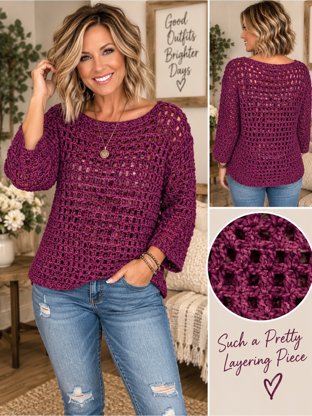 Women’s Crochet Open-Knit Sweater - Plum